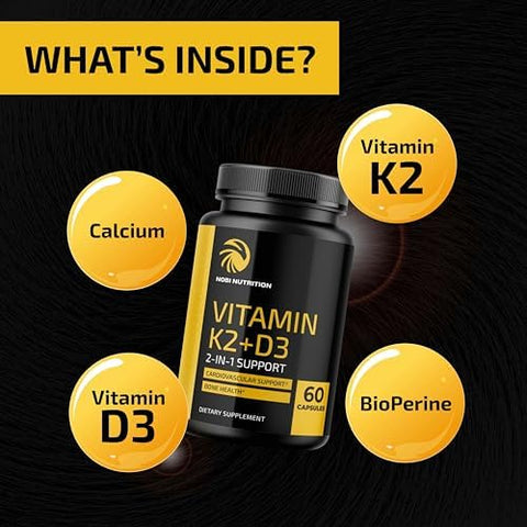 Vitamin D3 K2 and Magnesium Glycinate Supplement Bone Heart and Muscle Support with 5000 IU D3 K2 MK7 and 500mg Magnesium High Absorption Immune and Nerve Support 60 Servings Each