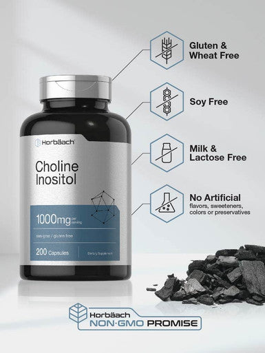 Choline Inositol 1000 mg | 200 Capsules | Non-GMO, Gluten Free Supplement | by Horbaach