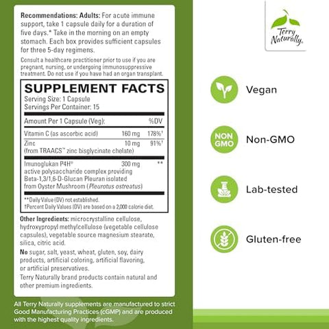 Terry Naturally Pleuramax Extra Strength Upper Respiratory Health Supplement Sourced From Oyster Mushrooms Includes Vitamin C & Zinc For Immune Support Vegan 15 Capsules (15 Servings) 2 Pack