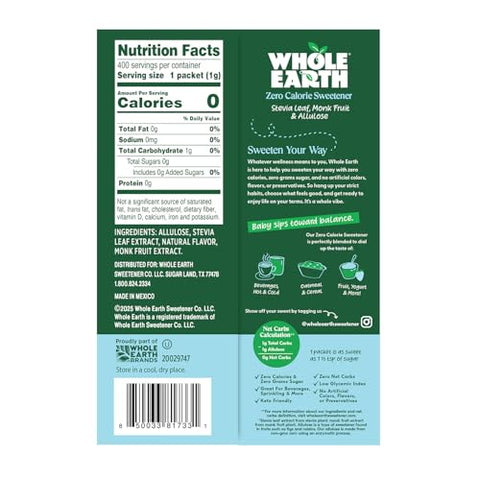 Whole Earth Zero Calorie Stevia, Monk Fruit & Allulose Sweetener Packets, Zero Calorie Sugar Substitute, Keto-Friendly, Non-GMO, No Erythritol, Erythritol-Free, Pouch, 400 Count