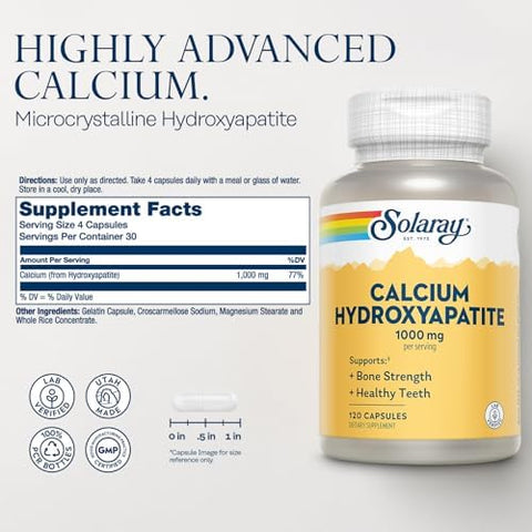 Solaray Calcium Hydroxyapatite 1000mg Calcium Supplements for Women and Men Hydroxyapatite Powder Capsules Healthy Teeth and Bone Support 120 Capsules