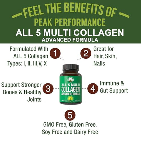 Peak Performance All 5 Multi-Collagen Capsules - 90 Pills Of Grass Fed Peptides Protein - Supplement With All 5 Collagen Types I Ii IiiV X From Beef Fish Eggshell And Chicken Bone Broth