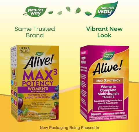 NatureS Way Alive Max3 Potency WomenS Complete Multivitamin Supports Energy Metabolism Heart and Bone Health With BVitamins Including Methylated B12 And Folate 90 Tablets