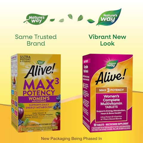 Nature'S Way Alive Max3 Potency Women'S Complete Multivitamin Supports Energy Metabolism Heart & Bone Health With B-Vitamins Including Methylated B12 And Folate 90 Tablets