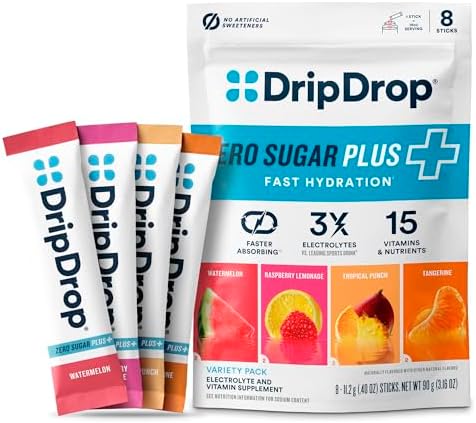 Dripdrop Zero Sugar Plus Sugar Hydration Packets Single Serve Electrolytes Powder Drink Mix Strawberry Kiwi Peach Cherry Limeade Wild Berry Nongmo Gluten Vegan 16 Sticks