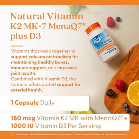 DoctorS Best Natural Vitamin K2 Mk7 Plus D3 Vit D3 And K2 Mk7 Supplement For Men and Women Supports Tissue Artery and Bone Health NonGmo Gluten Soy Vegetarian 60 Veg Caps