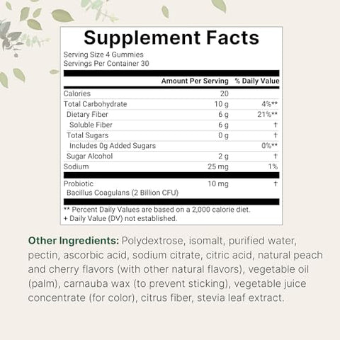 Micro Ingredients Fiber Gummies With Probiotics 120 Count 6G Per Serving 2 Billion Cfu Sugar Free Peach Cherry Flavor High Fiber Supplement For Women & Men Non-Gmo Gluten Free