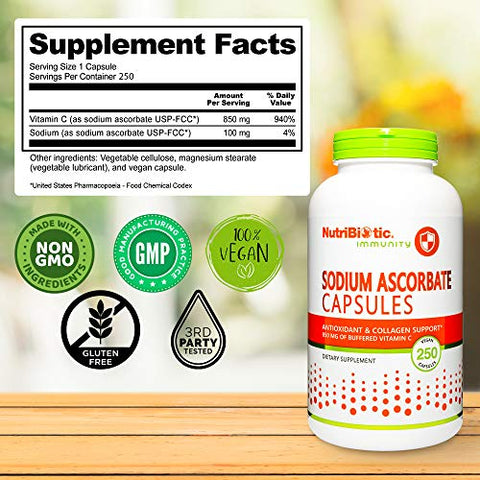NutriBiotic Sodium Ascorbate Buffered Vitamin C Capsules Vegan NonAcidic and Easier on Digestion Than Ascorbic Acid Essential Immune Support and Antioxidant Supplement Gluten and GMO 250 Ct