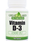 Great Lakes Nutrition Vitamin D3 Vegan Vitamin D Supplement for Men & Women 1500IU 100 Tablets
