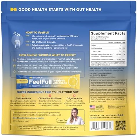 Dailynouri Feelfull Prebiotic Fiber Drink Mix Supports Natural Fullness Appetite & Cravings Control Gut & Metabolic Health Oligofructose Glucomannan & Chromium 30 Stick Packs