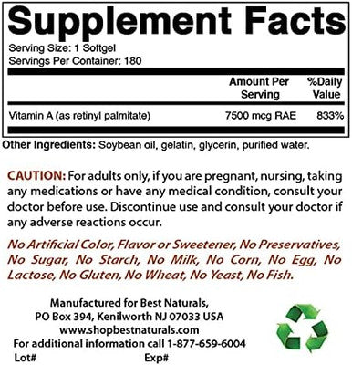 Best Naturals Vitamin A 25000 Iu (7500 Mcg) Nongmo Formula Supports Healthy Vision & Immune System And Healthy Growth & Reproduction 180 Softgels (180 Count (Pack Of 1))