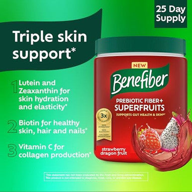 Benefiber Prebiotic GLP-1 Friendly Fiber + Superfruits Dietary Supplement Strawberry Dragon Fruit Flavor 8.8 oz (250g)