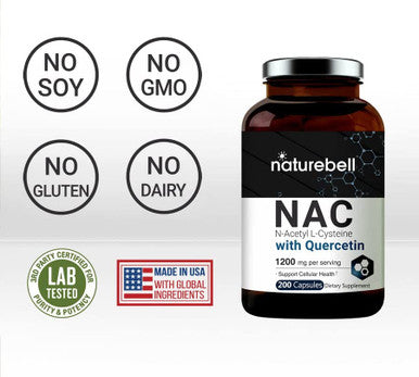 NAcetylCysteine NAC 1200mg Per Serving 200 Capsules NAC 600mg with Quercetin Per Capsule Double Strength NAC Supplements Support Liver Lung Health NonGMO No Gluten