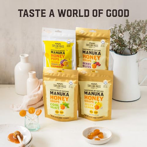 Taylor Pass Honey Co MÃ„Ânuka Honey Pops UMFÃ¢â€žÂ¢ 10+ | Manuka On-the-Go Lollipops for Kids & Adults | Sore Throat & Immune Support | 13 Individually Wrapped | Orange, Grape, Raspberry | Made in New Zealand