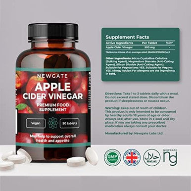 Newgate Labs Apple Cider Vinegar 90 Vegan Tablets 500Mg - Premium Nutritional Supplement - Made In The Uk - Halal, Gmp Certified