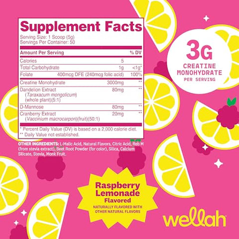 Wellah Creatine For Women (50 Servings) Raspberry Lemonade - 3G Of Creatine Monohydrate Powder With Dandelion & Cranberry Extract