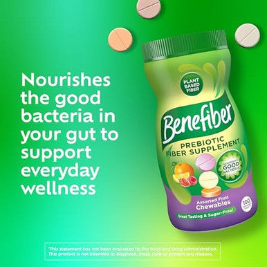 Benefiber Chewable Prebiotic Fiber Supplement Tablets For Digestive Health, Assorted Fruit Flavors - 100 Count