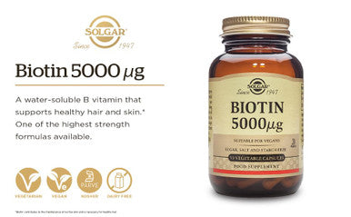 Solgar Biotin 5000 Mcg 100 Veg Caps - Promote Healthy Skin Nails & Hair - Supports Energy Production Protein Carbohydrate & Fat Metabolism - Vitamin B - Non Gmo Vegan Gluten Free - 100 Servings