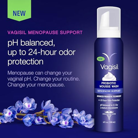 Vagisil Menopause Support Probiotic Mousse Wash Ph Balanced For Mature Microbiome 24 Hour Freshness Light Botanical Scent Gentle Formula For Mature Skin Sulfate- 6 Oz