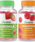 Lifeable Magnesium + Moringa Leaf Gummies Bundle Great Tasting Vitamin Supplement Gluten Gmo Chewable Gummy