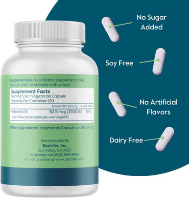 Bestvite Vegan Vitamin D3 2500 IU (120 Vegetarian Capsules) - No Stearates - Vegan - Non GMO - Gluten