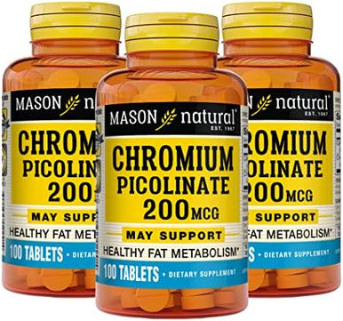 Mason Natural Chromium Picolinate 200 Mcg With Calcium Healthy Metabolism For Overall Health 100 Tablets (Pack Of 3)