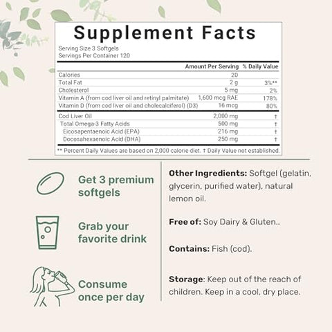 Micro Ingredients Cod Liver Oil 2000Mg Per Serving 360 Softgels Burpless Lemon Flavored Rich In Omega 3 Vitamins A & D3 Epa Dha Wild Caught Arctic Deep Sea Fish Heart Brain & Immune Supplement