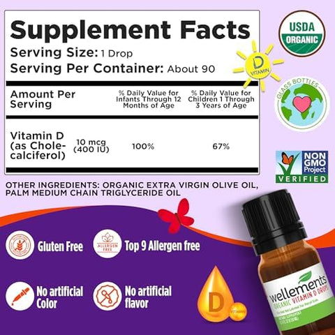 Wellements Baby Organic Vitamin D Drops for Infants and Toddlers (90Day Supply) Certified Newborn+ Liquid Vitamin D3 Drops Support Healthy Growth and Bone Development 400 IU per Drop (1 Drop Daily)