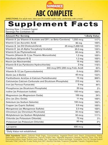 Sundance Men'S Abc Complete Multivitamin & Mineral Formula 60 Caplets Nongmo And Gluten Supplement