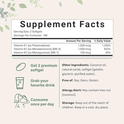 Micro Ingredients Super Vitamin K Complex (K2 Mk7 Mk4 & K1) 360 Coconut Oil Softgles Easily Absorbed K Vitamins Active Menaquinone Complex Non-Gmo