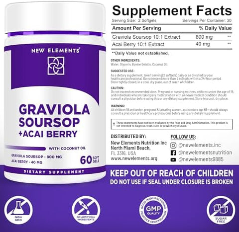 Elements Premium Graviola Soursop Extract 800Mg With Acai Berry 40Mg Powerful Antioxidant Support For Immune Health Cellular Function & Mood Regulation Non-Gmo Gluten- Sugar- Softgels