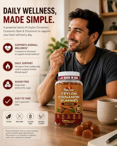 Flamingo Supplements Sugar Free Ceylon Cinnamon Gummies Sugar Regulation Neuroprotective- Supplement with Chromium and Cinnamon Bark- Alternative to Cinnamon Capsules - 90 Chews