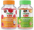 Lifeable Calcium Magnesium & Zinc Kids + Turmeric Curcumin Kids Gummies Bundle Great Tasting Vitamin Supplement Gluten Gmo Chewable Gummy