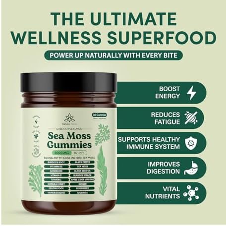 Natural Rems Sea Moss Gummies 16in1 Ashwagandha Black Seed Oil Bladder Wrack Turmeric Vitamin C and D3 with Manuka Burdock Root Dandelion Yellow Dock Elderberry Apple Cider Vinegar (Green Apple)