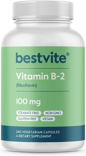 Bestvite Vitamin B-2 100mg (240 Vegetarian Capsules) - No Stearates - No Dicalcium Phosphate - Vegan - Non GMO - Gluten