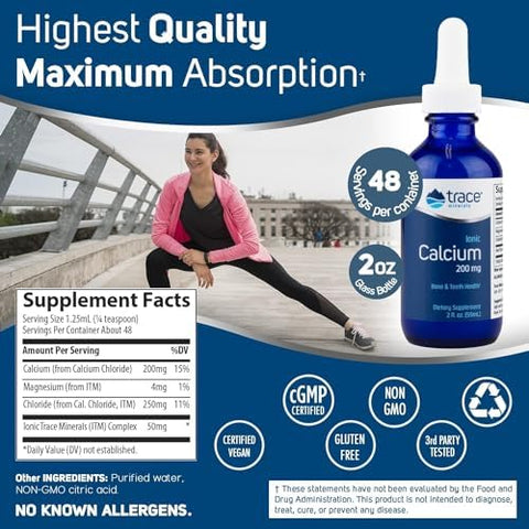 Trace Minerals Liquid Ionic Calcium Bone Healthy Teeth and Muscle Contraction Certified Vegan Gluten Free Non GMO 59ml