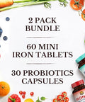 Vitalitown Probiotic + Iron Supplement Bundle Probiotics 120 Billion (Item 1) and 65mg Iron Suplement (Item 2) Gut Bone Muscle Blood Building Energy Vegan 30 Capsules and 60 Tablets