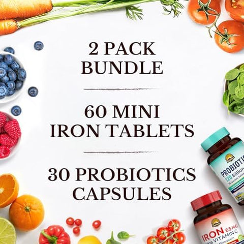 Vitalitown Probiotic + Iron Supplement Bundle Probiotics 120 Billion (Item 1) and 65mg Iron Suplement (Item 2) Gut Bone Muscle Blood Building Energy Vegan 30 Capsules and 60 Tablets