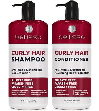 Bellisso Curly Hair Shampoo And Conditioner Set And Biotin Heat Protection Hair Spray With Moroccan Argan Oil