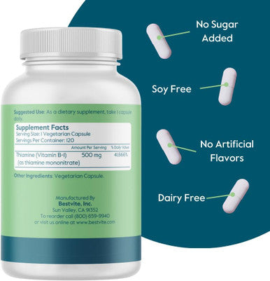 Bestvite Vitamin B-1 (Thiamin) 500mg (240 Vegetarian Capsules) (2 x120) - No Stearates - Vegan - No Calcium Carbonate - Non GMO - Gluten - No Silicon Dioxide