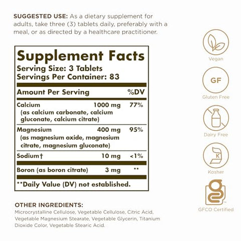 Solgar Calcium Magnesium Plus Boron - 250 Tablets Pack Of 3 - Non-Gmo Vegan Gluten Free Dairy Free Kosher 249 Total Servings