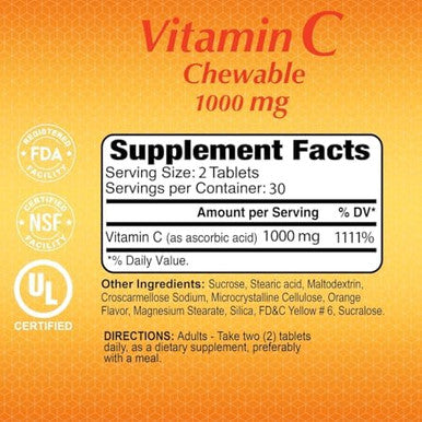 Alfa Vitamins Vitamin C Chewables Contains 1000Mg Easy To Chew Tablets Super Antioxidant Immune Booster 60 Tablets