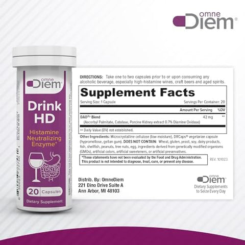 Omnediem Drink Hd Dietary Supplement: Natural Histamine Neutralizing & Digesting Enzyme â€“ Diamine Oxidase Dao 20 Capsules
