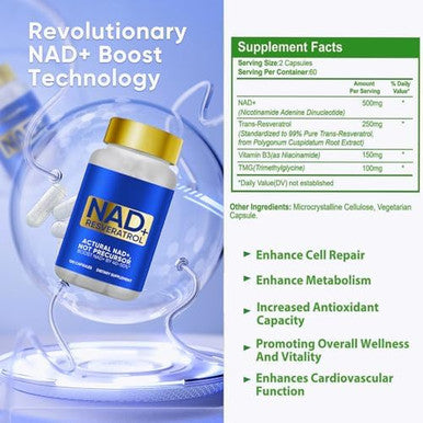 Nad+ Supplement 1000 Mg Pure Organic, Highest Nad+ Resveratrol Supplement Max Absorption For Energy And Dna Repair, Aging Defense, Brain Function Support, 120 Capsules