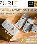 PURITI Genuine Raw Manuka Honey Snaps On The Go - UMF 10+ (MGO300+) 21 x 0.18oz Individual Snap Packets, Single Serve Honey Sticks for Tea, Travel & Snacks, Certified, Authentic Made in New Zealand