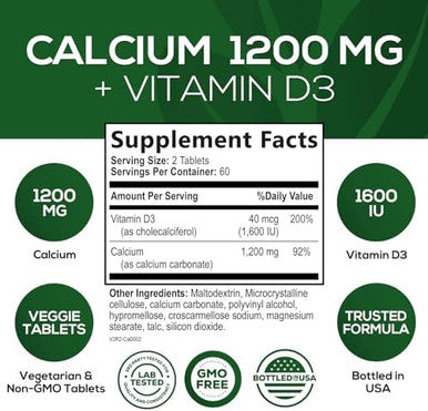 Calcium 1200 Mg With Vitamin D3, Calcium Supplement Vitamins, Bone, Teeth & Immune Health Support, Calcium Supplements With D For Women & Men, Nature'S Absorbable Calcium Carbonate - 240 Tablets