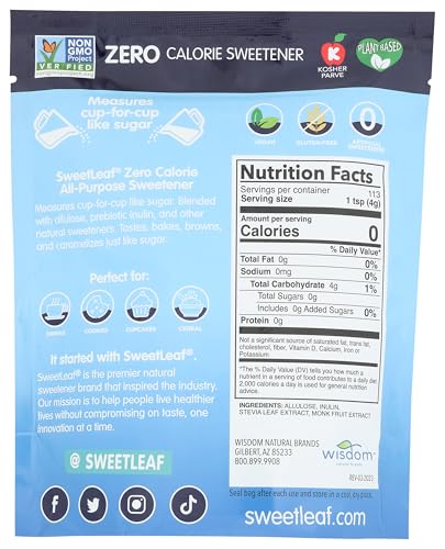 SweetLeaf Indulge Sweetener - Sugar Substitute with Stevia, Monk Fruit, Allulose, & Inulin, Use for Baking, Cooking, or Coffee, Granulated Sugar Alternative, Keto Friendly, Zero Calorie - 16 Oz