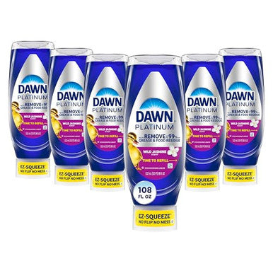 Dawn Platinum Ez-Squeeze Dish Soap Liquid Dishwashing Liquid Grease Removal Upside Down Bottle Wild Jasmine 6X18 Fl Oz Bundle