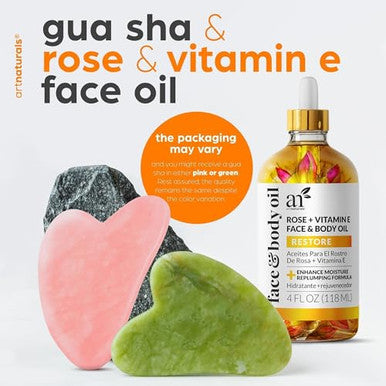 Artnaturals Face & Body Vitamin E Bio Oil 4.0Oz + Gua Sha Facial Tools Set - Organic Moisturizer Skincare For Scars Stretch Mark Cellulite & Nails - Great Massage Oil For Massaging Joint & Muscle