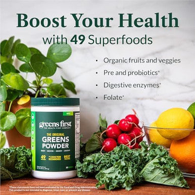 Greens First Original Greens Powder 49 Superfoods Organic Fruits & Veggies Prebiotics Probiotics & Digestive Enzymes Antioxidant Smoothie Dairy Vegan & Nongmo (Mint 30 Servings)
